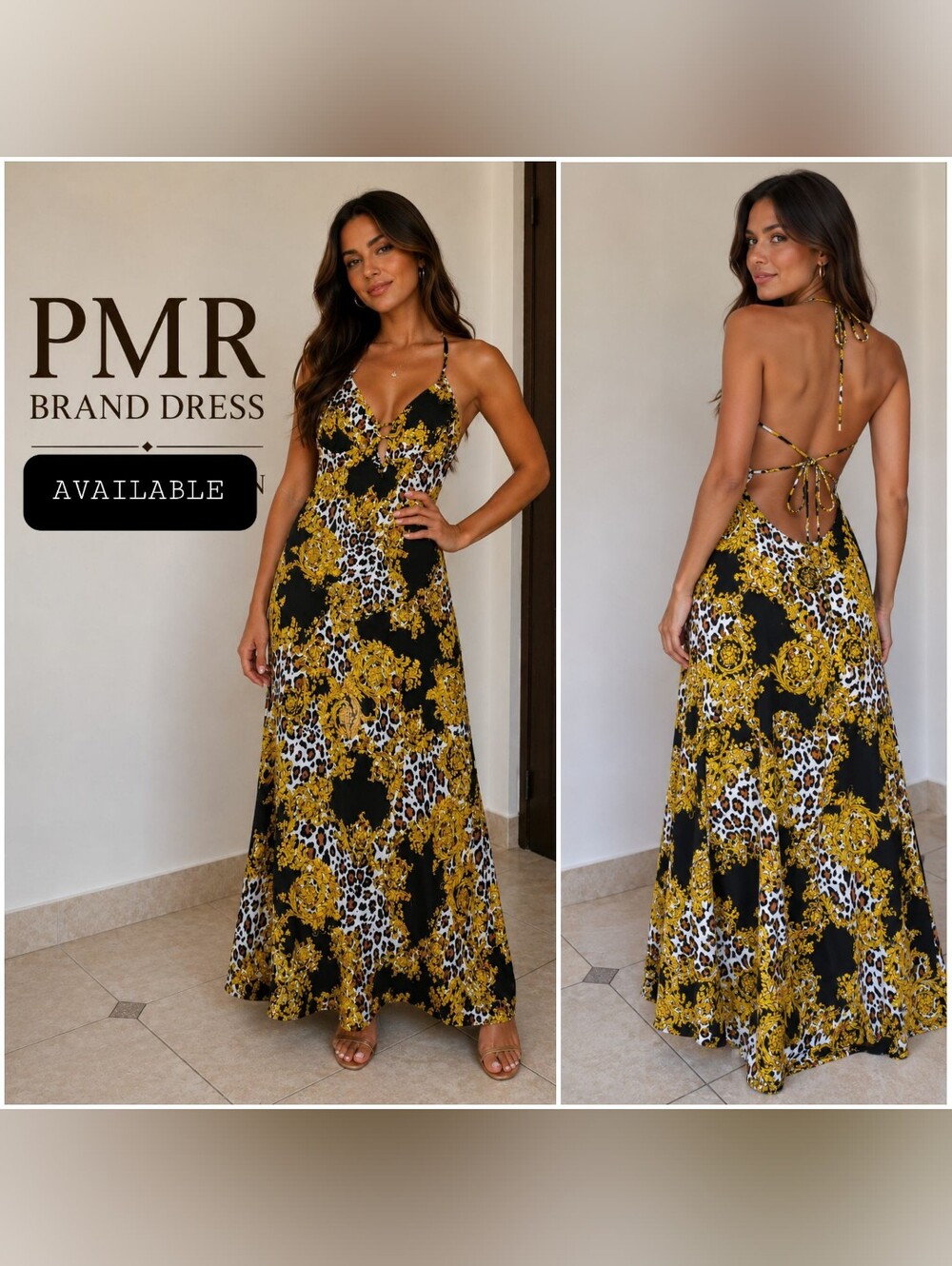 PMR Backless Black & Gold Printed Maxi Dress
